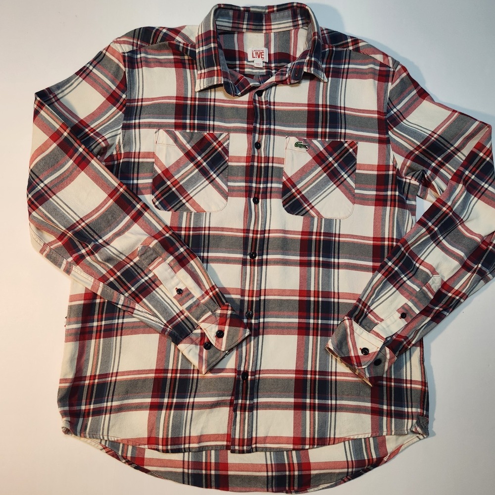 Lacoste LIVE Plaid Button Up Shirt Mens 42 Red White Blue Croc Logo Long Sleeve